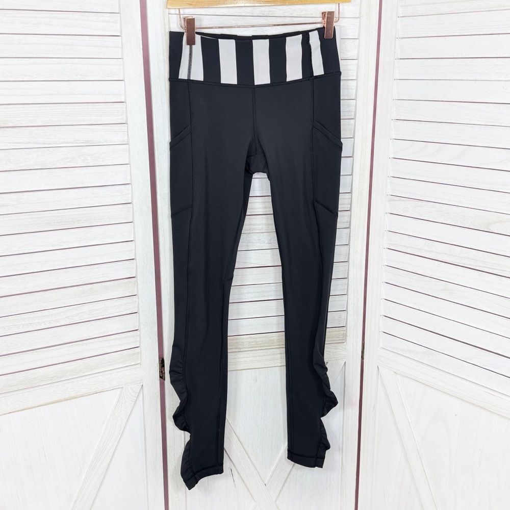Lululemon Speed Ruched Ankle Striped Waist Leggings Black White 4
